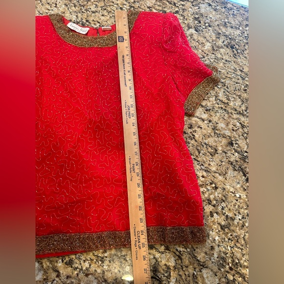 Laurence Kazar Womens Vintage Red & gold Beaded Silk short sleeve Blouse sz XL - Picture 3 of 5
